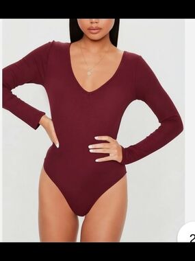 Long Sleeve V-Neck Bodysuit - Burgundy